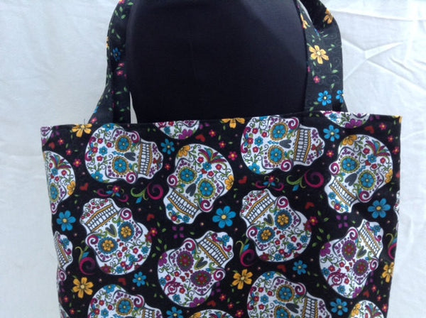 Tote Bag Made From Dia De Los Muertos Black Skull Fabric Day of the Dead