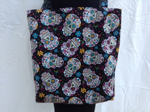 Tote Bag Made From Dia De Los Muertos Black Skull Fabric Day of the Dead