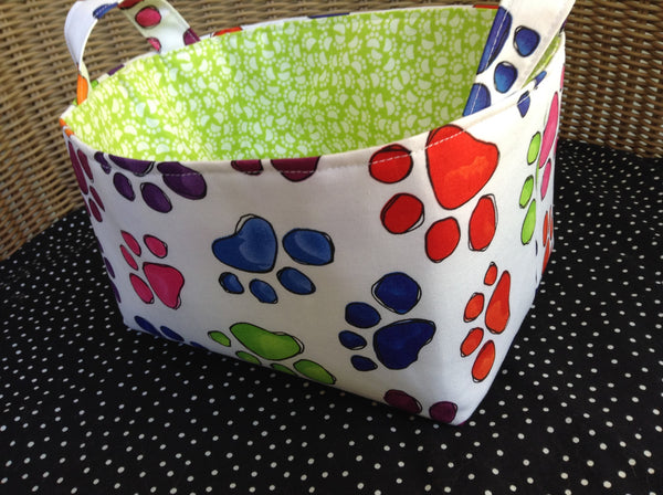 Fabric Basket Storage Bin Made from Rainbow Pawprint Fabric