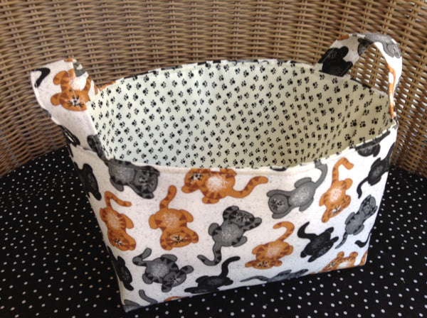 Fabric Basket Storage Bin Made from Tabby Cat and Pawprint Fabric