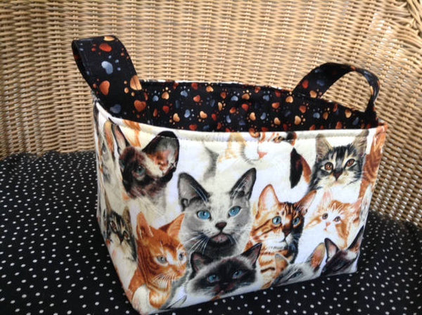 Fabric Basket Storage Bin Made from Tabby Ginger and Siamese Cat and Pawprint Fabric