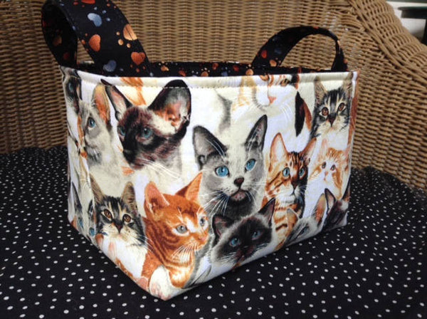 Fabric Basket Storage Bin Made from Tabby Ginger and Siamese Cat and Pawprint Fabric