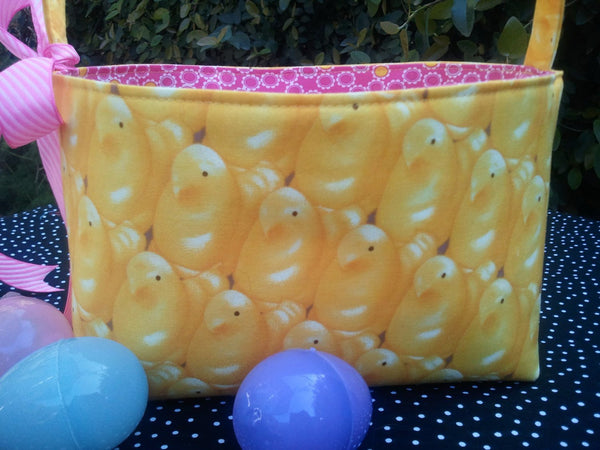 Two Handle Fabric Easter Basket Storage Bin Made from Peeps Fabric Pink or Yellow