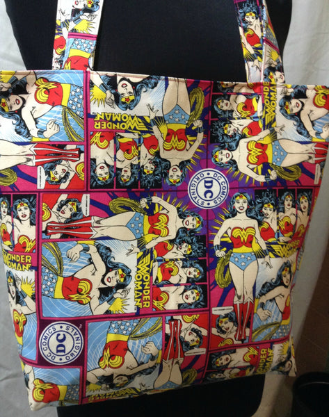 Reversible Tote Purse Bag Made From Girl Power Fabric - Wonder Woman