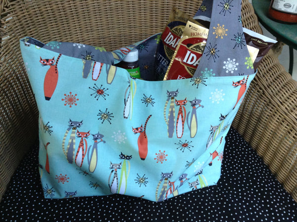 Large Reversible Grocery Bag Tote Purse Made From Retro Kitty Cats Fabric