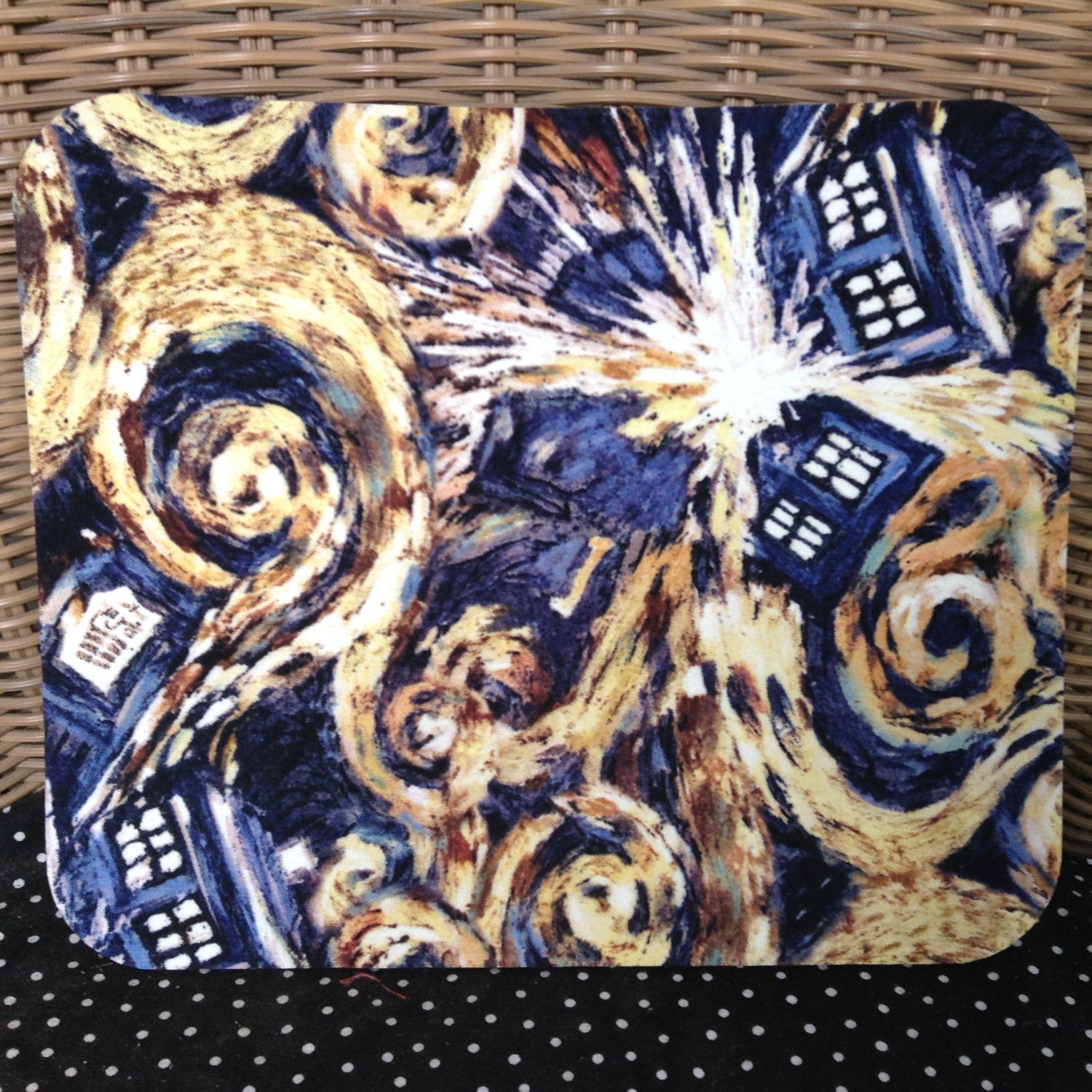 Fabric Computer Mousepad Made With Police Box Dr. Who Starry Night Exploding TARDIS Fabric
