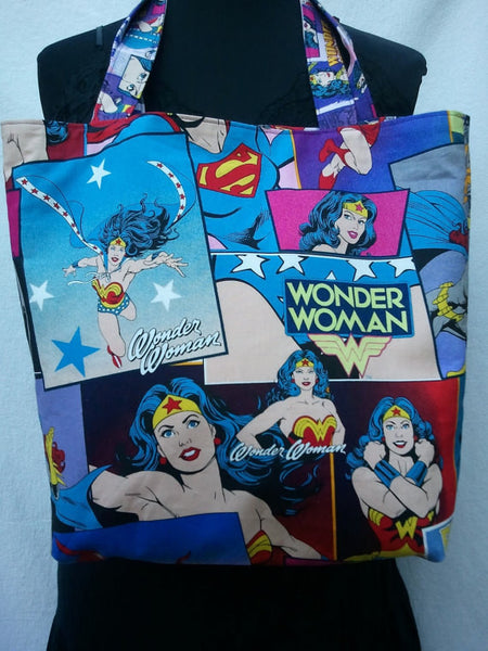 Tote Purse Bag Made From Large Print Girl Power Fabric - Wonder Woman, Batgirl, Supergirl
